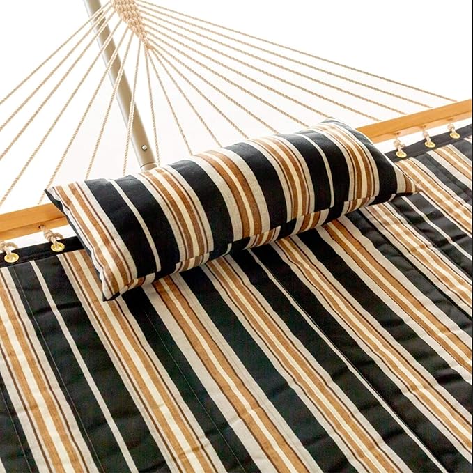 Castaway Living Large 2-Person Quilted Hammock with Stand & Pillow – Beige & Black Stripe, 10 ft. L x 52 in. W, 350 lb Capacity, Weather-Resistant Polyester, Portable Space-Saving Frame
