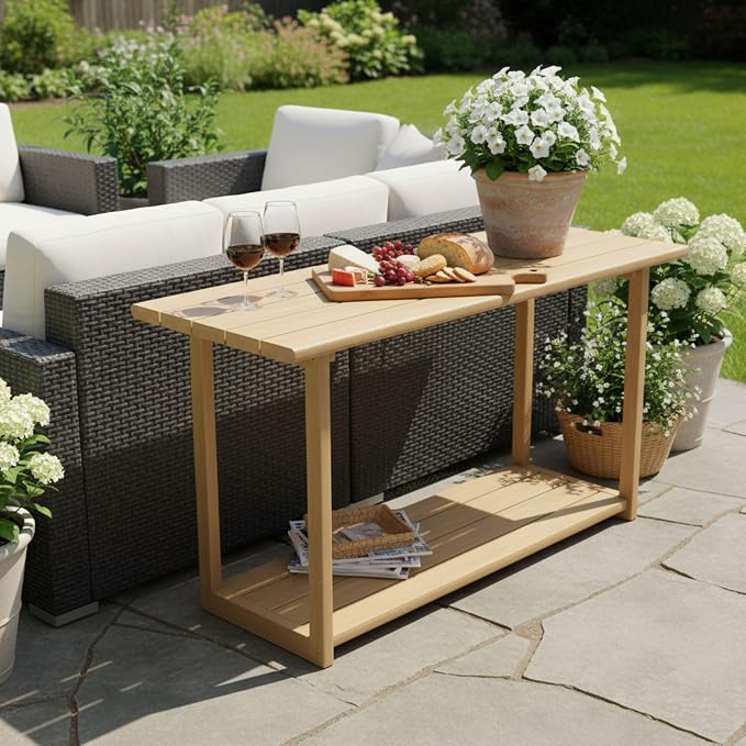 Merax Patio Outdoor Acacia Wood Rectangular Side Table with Shelf, Patio Buffet & Console Table for Backyard, Lawn, Balcony, Light Teak