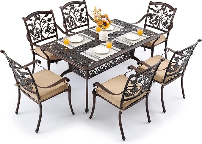 7 Piece Strawberry Outdoor Dining Set Cast Aluminum Retro Patio Dining Set for 6 Includes 59” Rectangular Table and 6 Chairs with Thicker Cushions and Umbrella Hole for Patio Deck Garden
