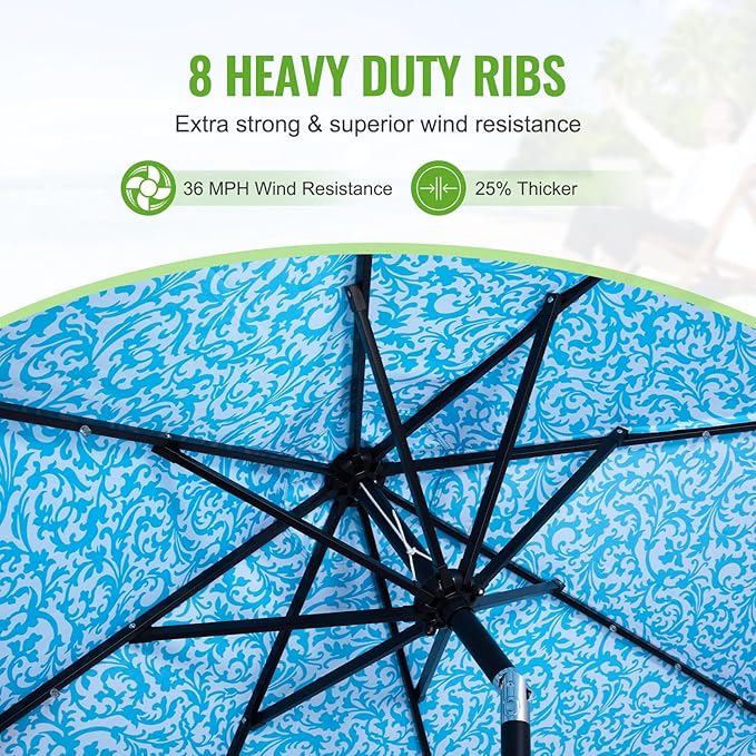 Backyard Expressions 9FT Solar Patio Umbrella with 32 LED Lights, UPF50+ UV Protection, Fade-Resistant Fabric, Easy Tilt & Crank, Outdoor Umbrella for Patio, Deck & Pool (Base Not Included)