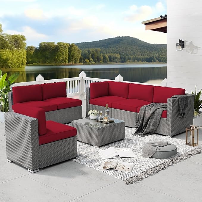 SUNCROWN 7-Piece Patio Furniture Set with Coffee Table and Soft Cushions, Outdoor Sectional Sofa Grey Wicker Conversation Sofa Set, Red