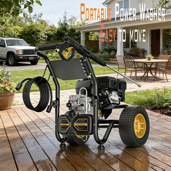 BLUBERY Gas Pressure Washer, 3600 PSI Pressure Washer，2.7 GPM Heavy Duty Power Washer, 30 feet Pressure Hose&Soap Tank,4-Stroke OHV 212cc Engine,Portable Industrial Style,Black