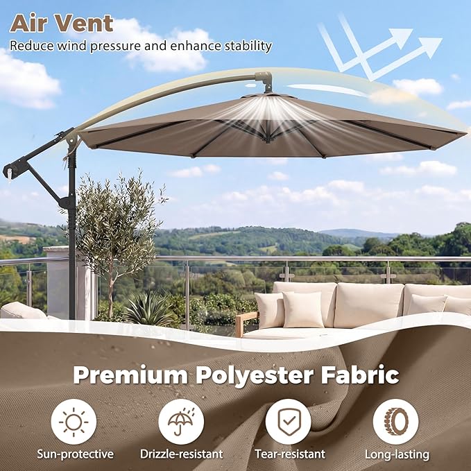 Tangkula 10ft Patio Umbrella with Base Included, Offset Cantilever Outdoor Umbrella with 360 Degree Rotation, Crank Handle, Sun-Protective Canopy for Pool Deck Garden Backyard (Tan)