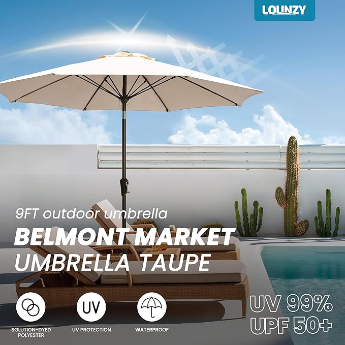 LOUNZY 9FT Large Outdoor Patio Umbrella Table Umbrella-UV Resistant,Easy Push Button Tilt and Crank,8 Sturdy Fiberglass Ribs Pool Umbrella for Patio,Backyard,Deck,Yard,Market