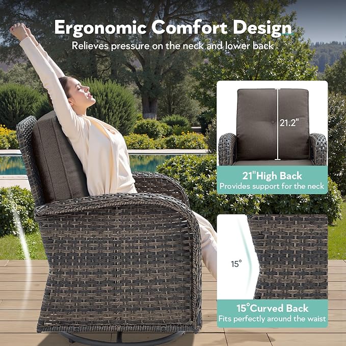 5 Piece Patio Furniture Set with Fire Pit Table - Wicker Patio Conversation Set with Swivel Glider, Glider Loveseat, Tempered Glass Side Table for Deck Backyard - Brown Wicker Grey Cushion