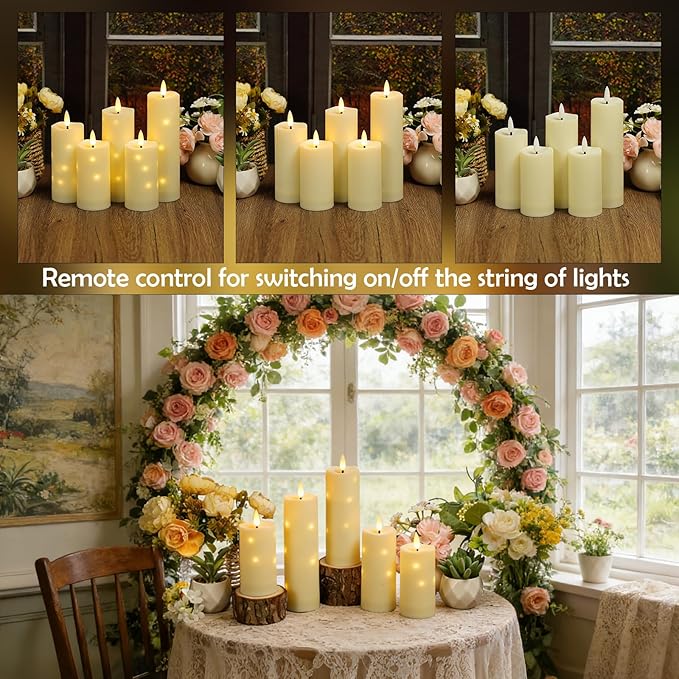 kakoya Outdoor Waterproof Flickering Flameless Candles with Timer,5Pcs Battery Operated LED Pillar Candles with Embedded Star String for Outdoor Lanterns,Porch,Patio Decor(Ivory)