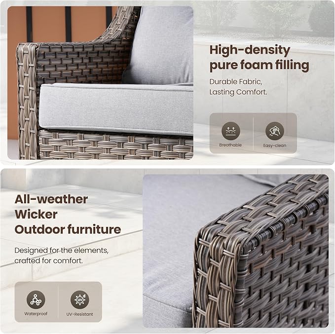 5 PCS Patio Conversation Set, All-Weather Rattan Wicker Outdoor Patio Furniture Sets with High Back Swivel Rocker Chair, Solar Light Coffee Table for Porch,Backyard,Balcony,Light Grey