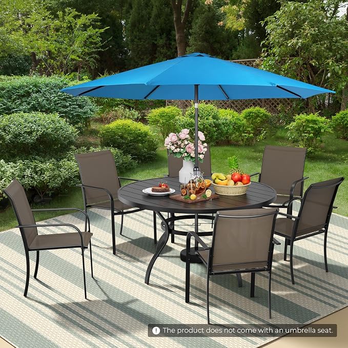 Incbruce 8 PCS Patio Dining Set with Sky Blue Umbrella, Outdoor Dining Set of 6 Textilene Chairs and 53" Round Table with Umbrella Hole for Backyard, Garden, and Poolside (Brown)