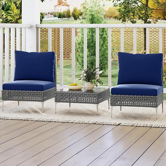 Tangkula 3 Pieces Patio Furniture Set, PE Rattan Conversation Chairs with Tempered Glass Coffee Table, Soft Back & Seat Cushions, Heavy Duty Metal Frame, Outdoor Bistro Set for Garden & Pool