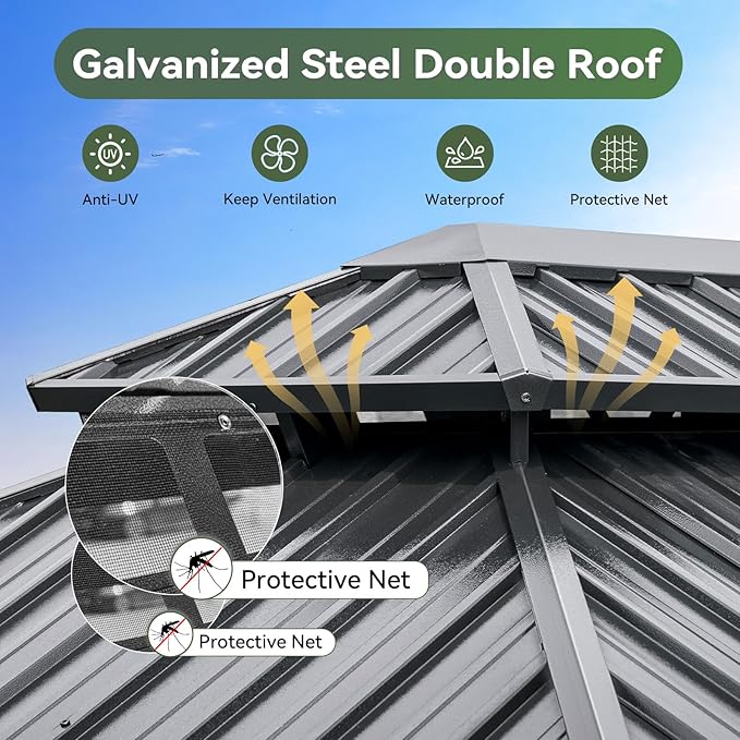 Aoxun 10Ft X 14Ft Hardtop Gazebo, Aluminum Metal Outdoor Gazebo with Breathable Netting and Curtains, Galvanized Steel Double Top, Permanent Patio Pavilion for Backyard, Wedding, Party