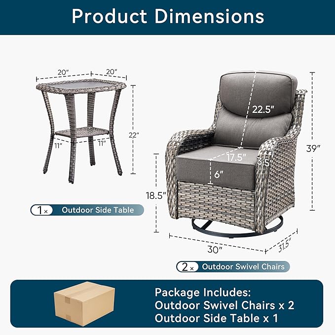 Luxury Outdoor Swivel Rocker Patio Chairs-3 Piece Wicker Patio Rocking Chairs Set of 2 with Glass Side Table 6" Thick Cushions High Back Outdoor Furniture Sets for Deck Porch Balcony(Grey/Grey)
