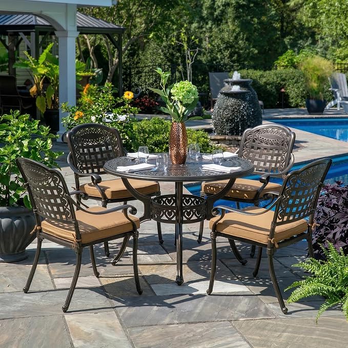 5-Piece Outdoor Patio Dining Set, All-Weather Cast Aluminum Furniture Conversation Set, Include 4 Cushioned Chairs and a 38.5” Round Table with Umbrella Hole for Balcony, Lawn, Khaki