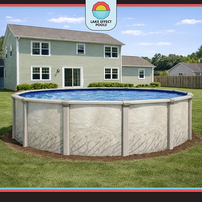 Lake Effect Pools 'Meadows Reprieve' 24 ft Round Above Ground Swimming Pool Bundle | 52 Inch Height | Steel Sided Walls | Kit Includes: 25 Gauge Liner, A-Frame Ladder, Sand Filter/Pump, & Skimmer