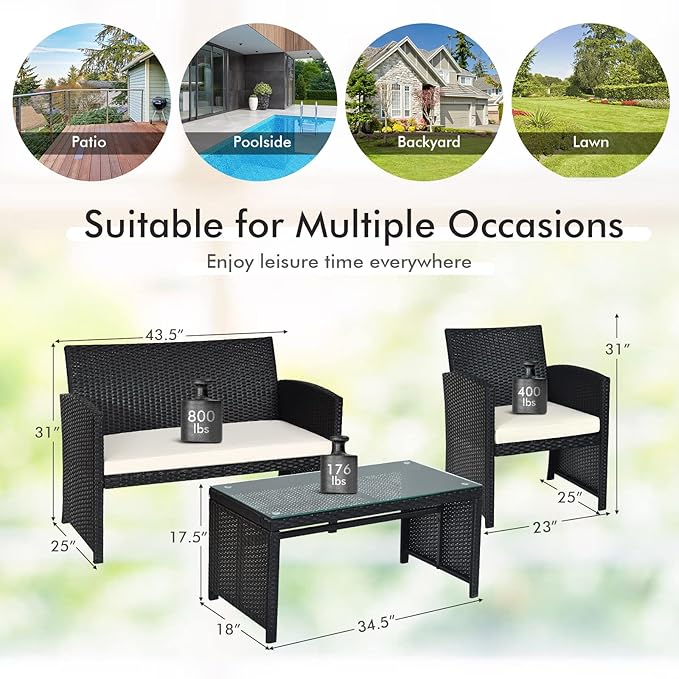 DORTALA 8 Pieces Patio Wicker Conversation Furniture Set, Outdoor Rattan Sofas with Bistro Sets with Coffee Table for Courtyard Balcony Wicker Chairs with Soft Cushion and Table, White