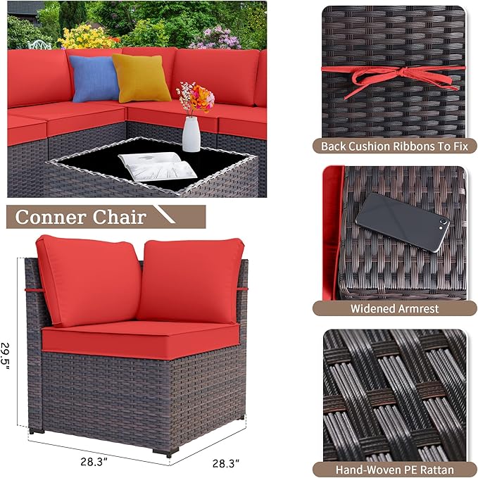 Patio Furniture Sectional Sofa Set 13PCS PE Rattan Patio Conversation Set w/43in Gas Fire Pit Table, Outdoor Furniture with 55000 BTU Propane Fire Pit, Red