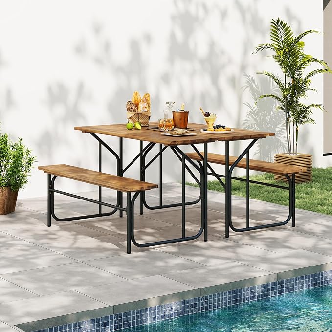 Tangkula Patio Dining Bench Set for 2, Heavy-Duty Outdoor Acacia Wood Dining Furniture with Metal Legs for Balcony, Backyard, Poolside, Garden (1,52” x 32” x 29.5”)
