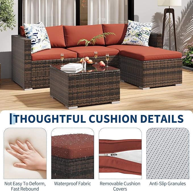 5-Piece Outdoor Sectional Sofa Set, All-Weather PE Rattan Patio Furniture with Ottoman & Tempered Glass Table, Convertible Garden Couch for Backyard, Porch, Poolside (Brown/Wine Red)