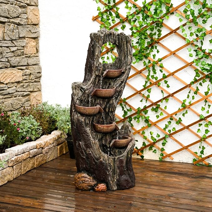 6-Tier Floor Cascading Water Fountain, 43.31''H Indoor Outdoor Tree Trunk Waterfall Fountain with LED Lights, Resin Water Feature for Backyard, Patio, Porch, Lawn