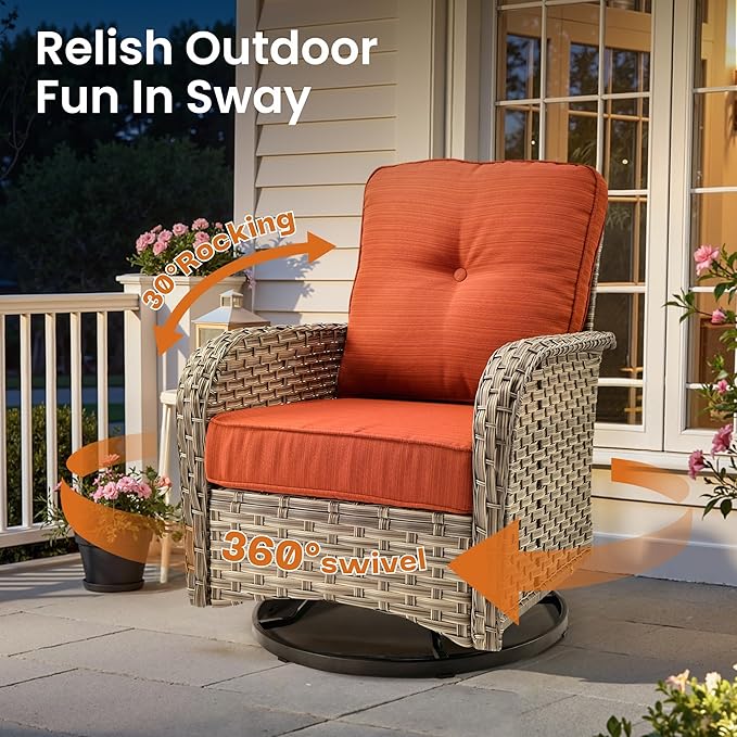 ovios 9 Piece Patio Sectional Furniture with Swivel Rocking Chairs, Rattan Wicker Coversation Couch Set, Outdoor Sofa Set for Outside Porch Balcony Backyard Pool, Orange