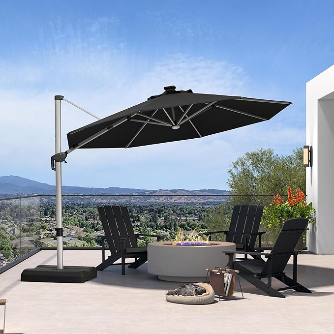 PURPLE LEAF Cantilever Umbrella with base 11ft Outdoor Round Patio Solar Powered LED Umbrella with 360-degree Rotation for Garden Deck Pool Patio, Black