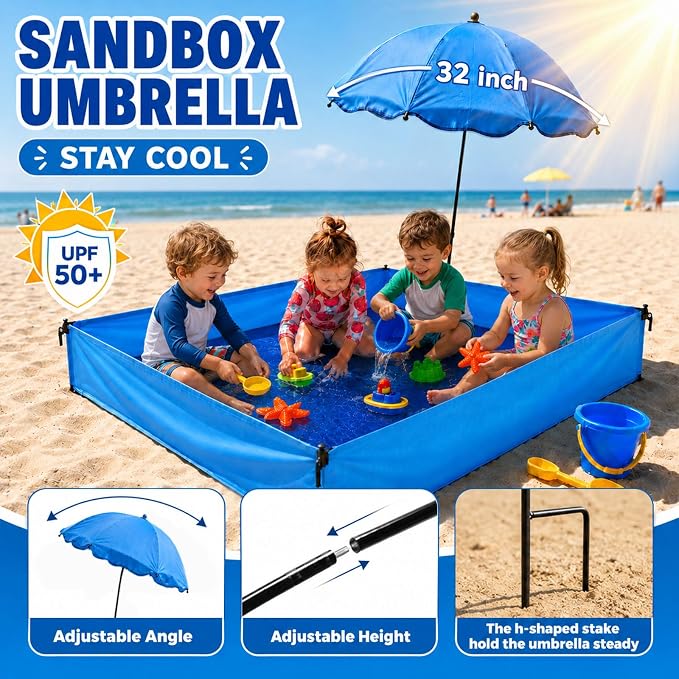 6x4.7 Ft Beach Puddle for Toddlers, Portable Beach Pool with Umbrella,No Dig Large Sand Free Sandbox Water Play Mat Beach Essentials with Carrying Bag for Boys Girls