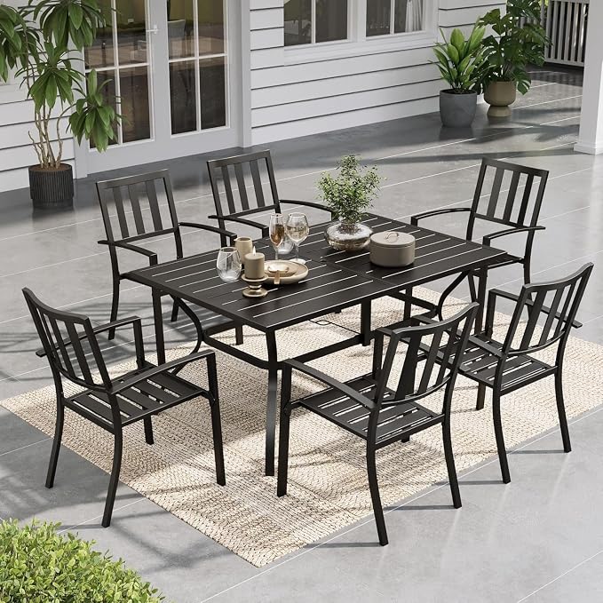 Sophia & William 7-Piece Patio Dining Set for 6, 60.2" Metal Outdoor Table with Umbrella Hole & 6 Stackable Chairs
