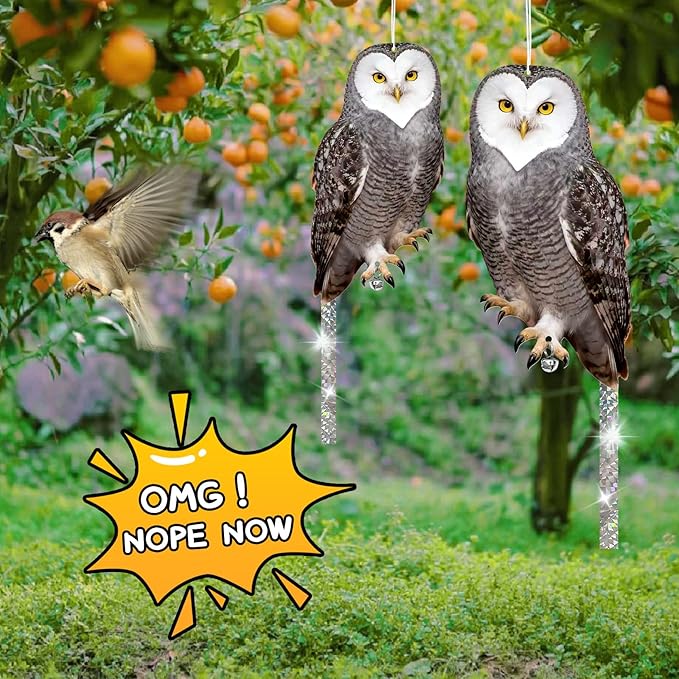 Owls to Keep Birds Away: 2Pcs Fake Owl with Reflective Tape for Orchard Garden Patio Pool, Reflective Hanging Decoration to Keep Birds Pigeon from Windows Tree Vineyard