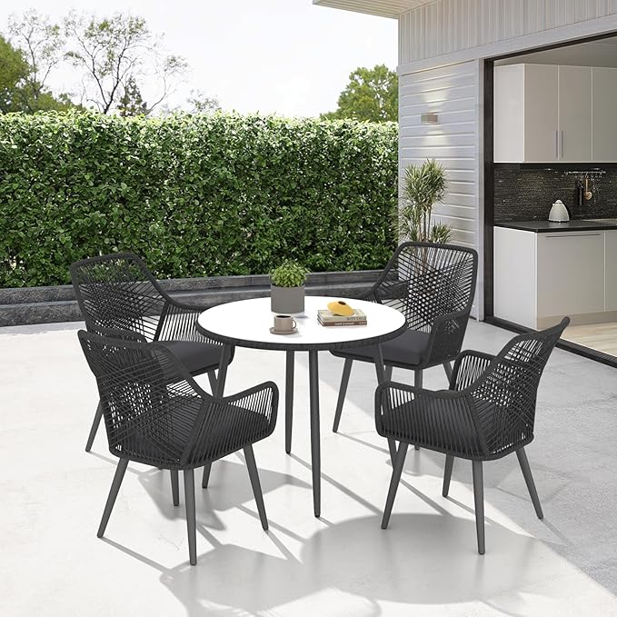 Patiorama 5-PC Patio Dining Set,Outdoor Dining Table Chair Set,All-Weather Twisted Rattan Wicker Rope Conversation Set,Patio Furniture Set w/Umbrella Hole,Cushioned Chairs&Table(Dark Grey&Cross Back)
