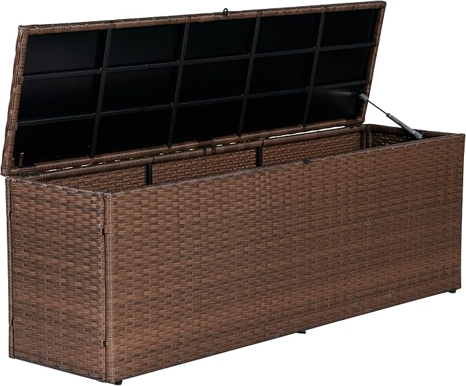 Eyely KRT1002B Elio 59.06" Modern Minimalist Outdoor Faux Wicker Deck and Patio Storage Box, Brown