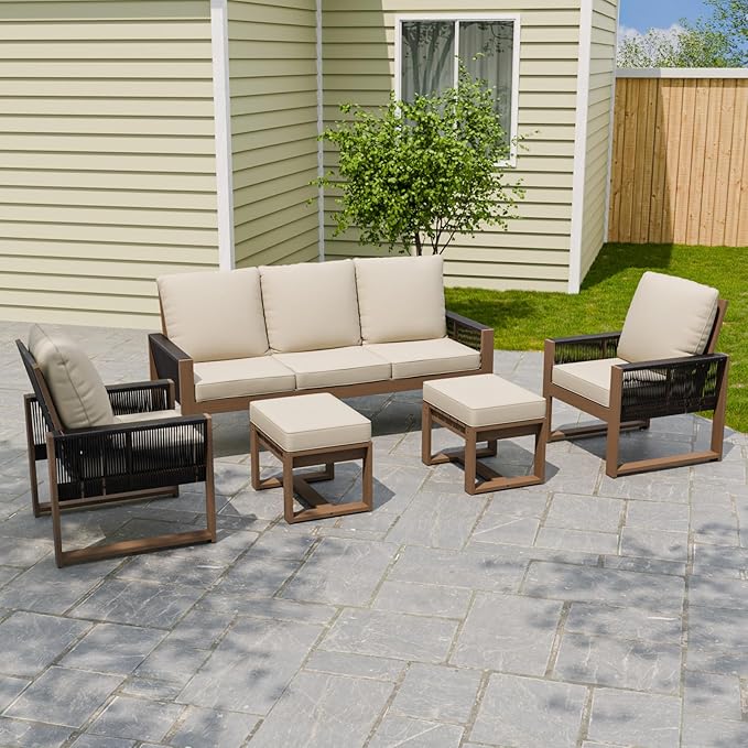 Rustic Hideaway Natural Cedar Wood Outdoor Furniture Set, Wicker Patio Conversation Set for Porch Garden Backyard, Couch, 2 Patio Chairs and 2 Ottomans, 5 Piece, Brownish/Beige