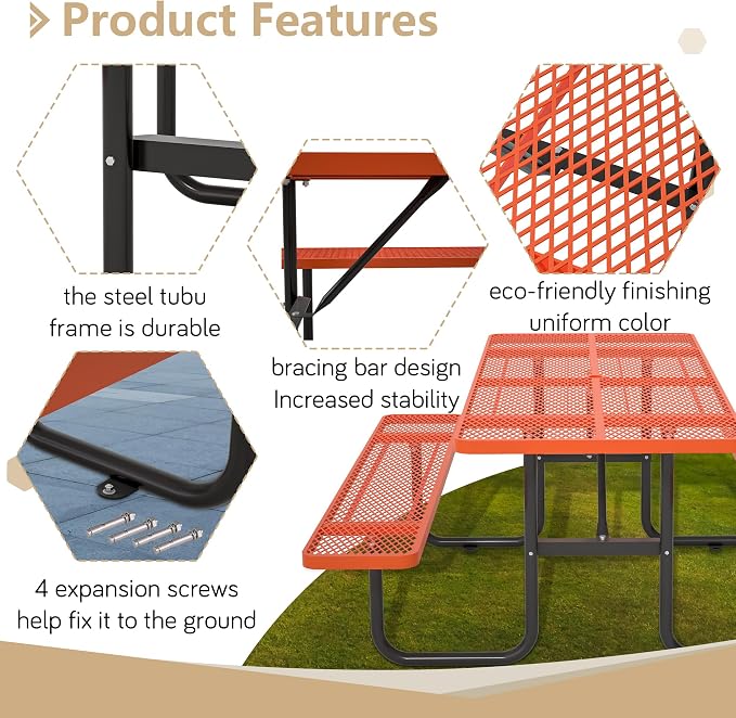 72'' Rectangular Metal Picnic Table with 1.73" Umbrella Hole, Commercial Grade Steel Mesh Table Set, Weather Resistant Sturdy, Round Corner Design for Patio, Garden, Courtyard & BBQ, Orange