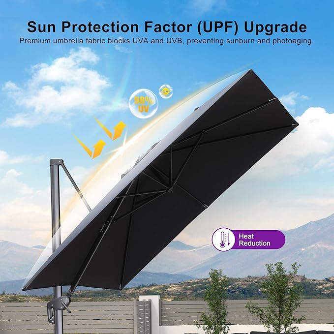 PURPLE LEAF Patio Umbrella 10' X 10' Rectangle Cantilever Umbrella Large Aluminum Outdoor Umbrellas with 360-degree Rotation & UPF40+ Premium Fabric for Deck Pool Garden Yard, Graphite Grey
