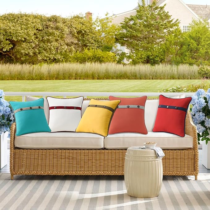 Outdoor Sunbrella Decorative Pillows with Triple Coconut Buttons Pack of 4, 18" x 18" Outdoor Pillow Set for Couch Bed Throw Patio Sofa, Spectrum Daffodil/Canvas Cocoa