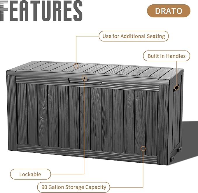 DRATO 90 Gallon Waterproof Outdoor Resin Deck Box, Lockable Storage Box Equipped with Wheels, Weather Resistant Organizer for Backyard Patio Furniture, Pool Goods and Garden Tools, Black