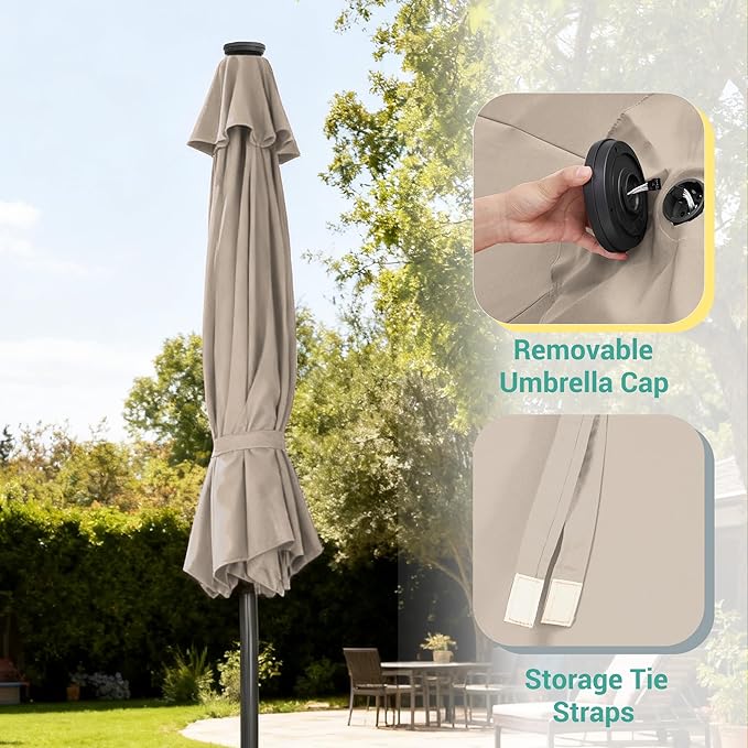 9ft Patio Umbrella Outdoor with Solar Lights,32 LED Lighted Table Market Umbrella with Tilt and Crank, 2-Year-Non-Fading, 8 Sturdy Ribs,for Pool, Deck, Garden,Backyard