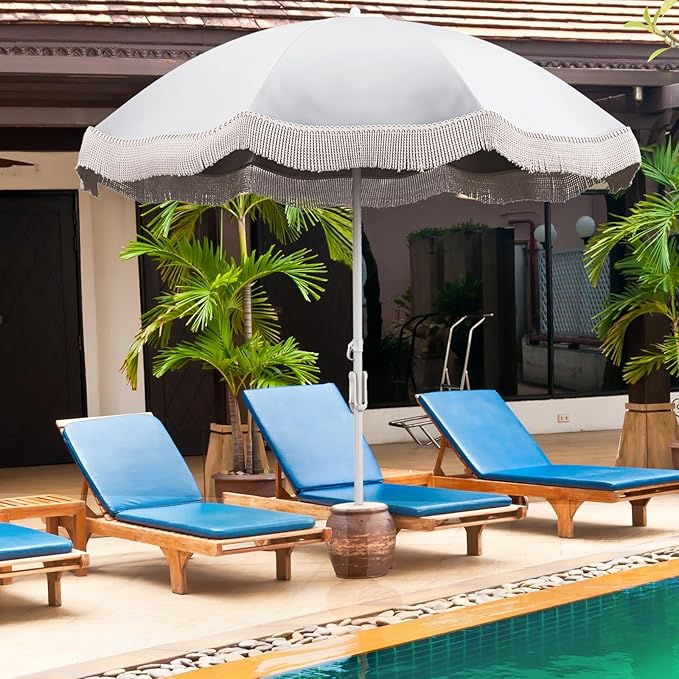 Tangkula 6.5FT Beach Umbrella with Fringe, UPF50+ Outdoor Boho Umbrella with Tassels, Push Button Tilt, Sand Anchor, 8 Ribs, Vintage Patio Umbrella with Carry Bag for Sand Deck Pool Garden Backyard