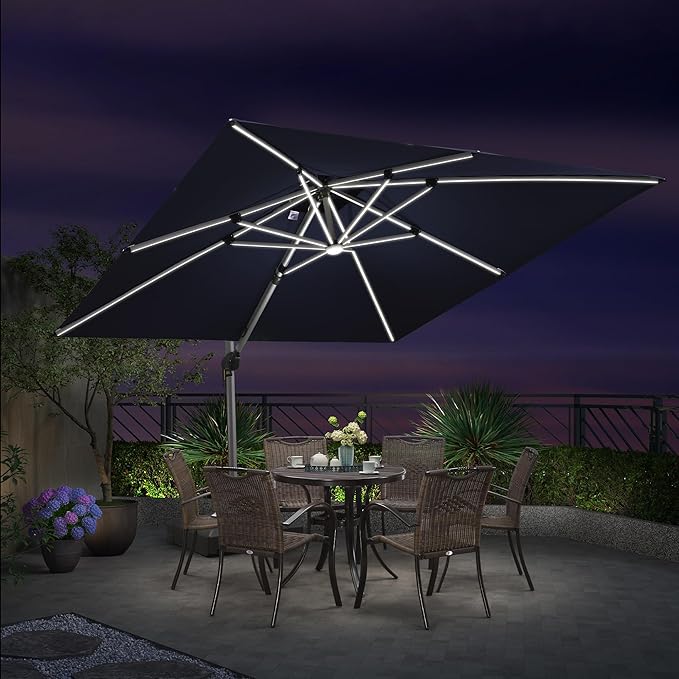 PURPLE LEAF 10 Feet Solar Powered LED Square Cantilever Umbrella With Base Patio Umbrellas Windproof Hanging Umbrella Outdoor Offset Umbrellas, Navy Blue