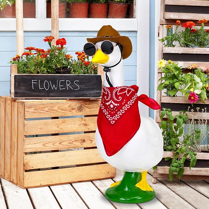 Western Cowboy Porch Goose Outfits, Funny Porch Geese Outfits Goose Costume Clothes for 17''/23" Lawn Cement Plastic Geese Outdoor Statue with Cowboy Hat Bandana for Garden Yard Decoration