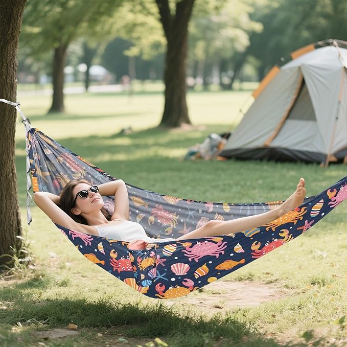 Camping Hammock Outdoor Hammocks for Outside Crabs Shells Starfish Beach Trees Portable Lightweight with Pockets Tree Straps Indoor