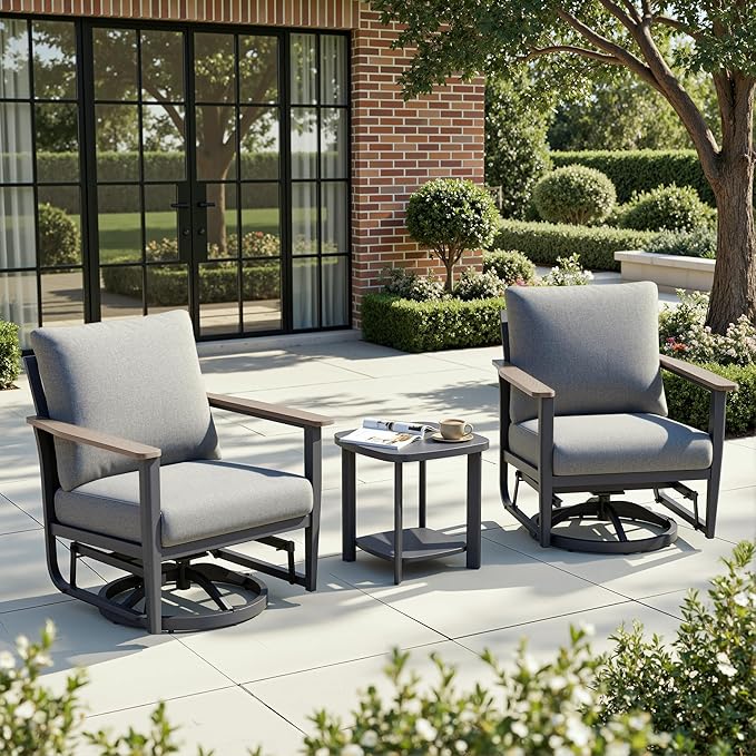3-Piece Aluminum Patio Rocking Swivel Chair Outdoor Bistro Set, Patio Conversation Set Outdoor Patio Furniture Set with High Backrest & Thickened Cushions for Garden, Deck and Balcony, Grey