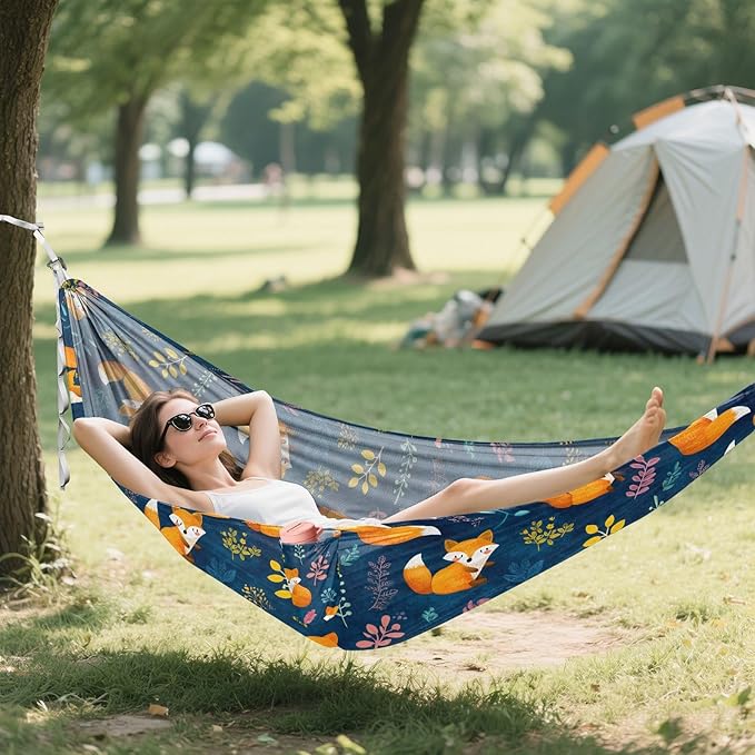 Camping Hammock Outdoor Hammocks for Outside Orange Fox Cute Beach Trees Portable Lightweight with Pockets Tree Straps Indoor