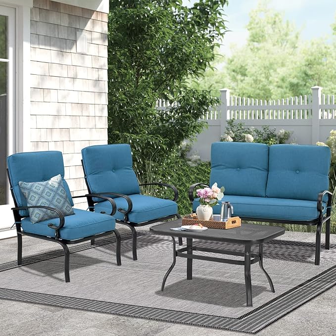 Incbruce 4Pcs Outdoor Metal Furniture Sets Wrought Iron Patio Furniture Conversation Set (Loveseat, Coffee Table, 2 Chairs) - Steel Frame Patio Seating Set with Peacock Blue Cushions