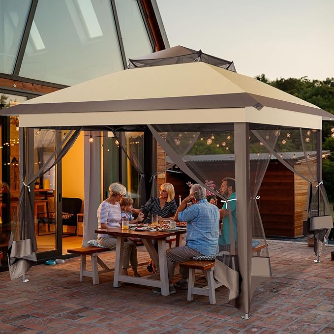 COBIZI Pop Up Gazebo 11x11 One-Push Canopy Tent, Carpas para Patio, Outdoor Canopy Shelter with Double Roof Ventiation 121 Square Feet of Shade for Lawn, Garden, Backyard and Deck,Brown(Upgraded 2.0)