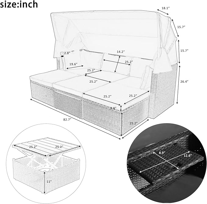 Bellemave Outdoor Daybed with Canopy Patio Furniture Set Wicker Rattan Outdoor Sofa Couch Nautica Backyard Sun Lounger Patio Conversation Set for Porch Garden Poolside, Gray