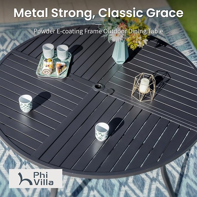 PHI VILLA 5 Pcs Outdoor Dining Set for 4&Round Metal Table | Table w/ Umbrella Hole & Swivel Wrought Iron Chairs w/h Cushions, Large Modern Furniture for Patio, Deck, Backyard, Porch