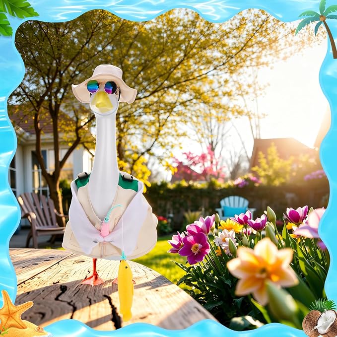 Porch Goose Outfit Summer Hawaiian Fishing Porch Goose Outfit Clothes Costume for 23 In Statue Garden Yard Decor