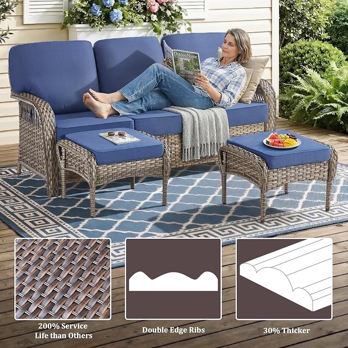 9 PCS Patio Furniture Set Outdoor Sectional Sofa Couch with Rocking Swivel Chairs 5" Deep Seat Chairs, Modern Wicker Rattan Conversation Set, Blue/Gray Wicker