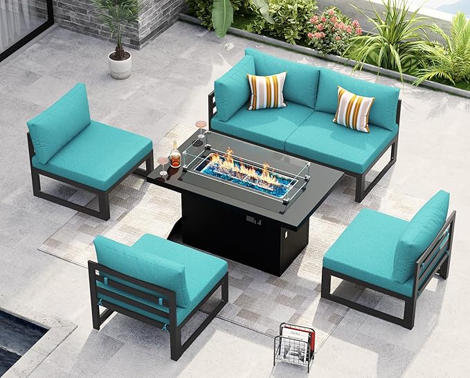 NICESOUL® 6 Piece Oversized Modern Grey Aluminum Outdoor Patio Sectional Set with Fire Pit Table Propane/Natural Gas, 29'' Deep Wide Sofa Conversation, 500lbs Sturdy Comfy L Shaped Couch, Turquoise