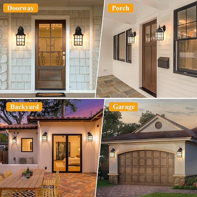 Black Dusk to Dawn Outdoor Lights for House with Gold Rim, Sensor Exterior Lighting Fixtures Wall Mount, Waterproof Porch Lights, Wall Lantern Lamp, Outside Sconce for Front Door, Garage 2 Pack