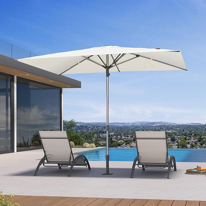 PURPLE LEAF 6 X 10 FT Commercial Rectangle Patio Market Umbrella Semi Auto Heavy Duty 1.9" Aluminum Pole 6 Sturdy Ribs for Outdoor Dining Business Restaurant Poolside Hotel Resort Wedding Venue Cafes Garden White